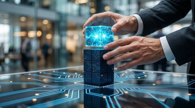 Businessman's hands carefully integrating a glowing digital cube with intricate circuits onto a modular technology stack, symbolizing advanced data solutions.