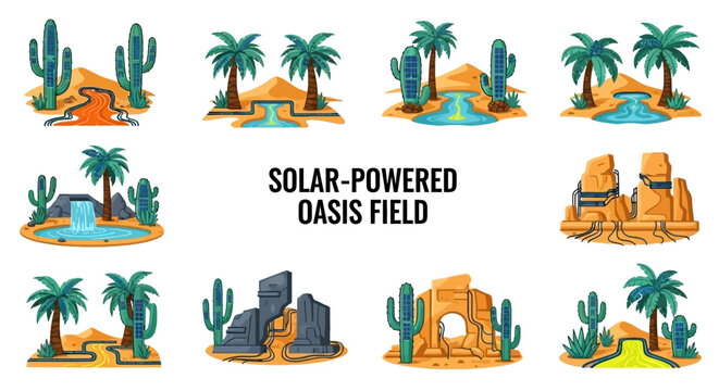 An array of twelve isolated cartoon illustrations depicting futuristic desert scenes featuring solarpanel cacti and palms