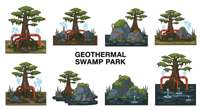 An eightpart illustration set of cypress trees and boulders integrated with red geothermal piping systems in a swamp