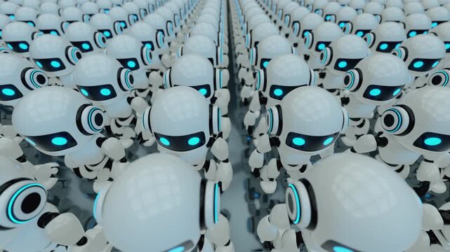3d loop animation of a cute futuristic robot army walking together in rows. Concept of mass automation, identical artificial intelligence characters, and advanced technology workforce in a sci-fi worl