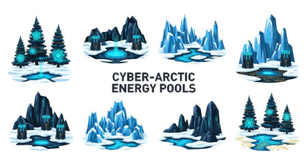 Set of eight illustrated arctic scenes featuring icy landscapes dark mountains snowy pine trees and glowing blue energy pools © Faisal