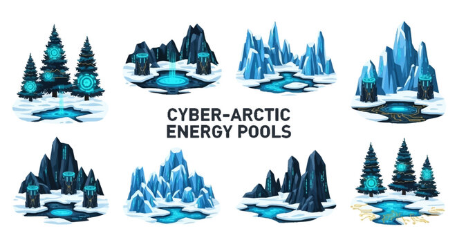 Set of eight illustrated arctic scenes featuring icy landscapes dark mountains snowy pine trees and glowing blue energy pools