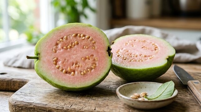 Freshly sliced green guava with pale pink flesh on wooden cutting board indoors