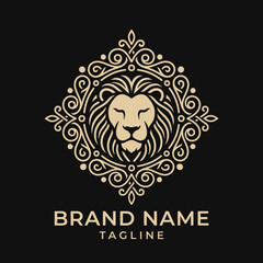 Obraz premium Elegant gold lion head logo in ornate crest.