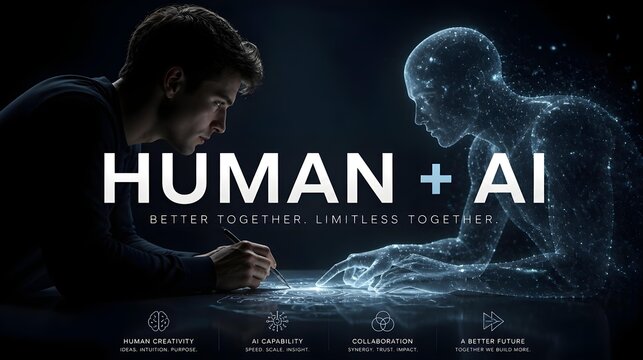 Elegant conceptual scene featuring a human silhouette and a robot standing together with bold floating text &ldquo;Human + AI&rdquo;. Modern visual representing collaboration, innovation