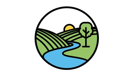 Fototapeta premium Sunset over rolling hills with a serene river flowing through lush green landscape