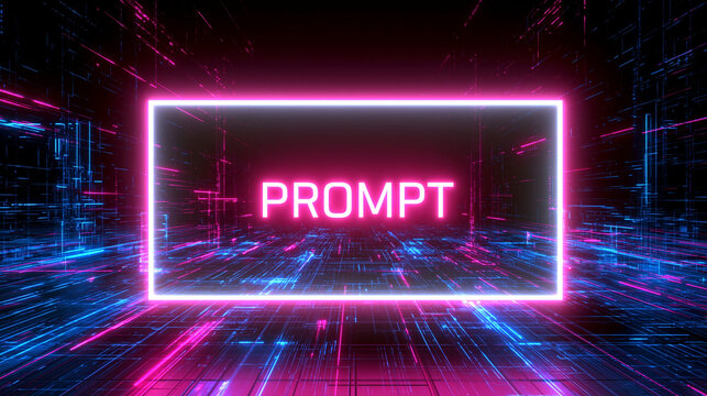 Futuristic Digital Cyberspace Background with a Glowing Neon Frame Surrounding the Word PROMPT in a Vibrant Magenta and Blue High-Tech Data Network Matrix Environment for AI and Technology Concepts.