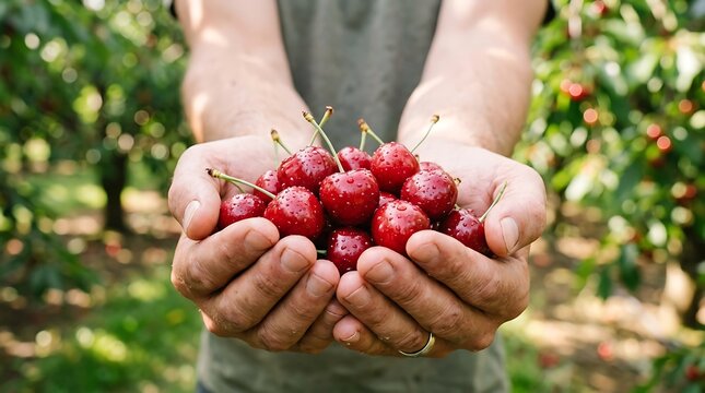Person holding cherries in cupped hands in an orchard outdoors