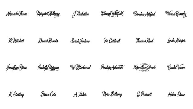Signature Cursive Handwriting Samples Arranged on White Background for Branding, Contracts, and Legal Document Design Concept