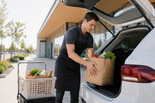 Convenient curbside grocery pickup with customers collecting fresh food orders and loading reusable bags into their cars.