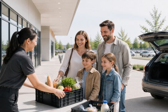 Convenient curbside grocery pickup with customers collecting fresh food orders and loading reusable bags into their cars.