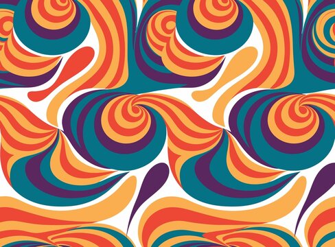 Retro 70s Psychedelic Abstract Pattern with Vibrant Swirling Lines and Waves