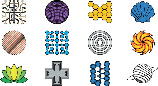 Diverse Abstract Logo Icons Set featuring Technology Circuit Honeycomb Lotus Planet Seashell and Geometric Symbols for Modern Business Branding Graphics