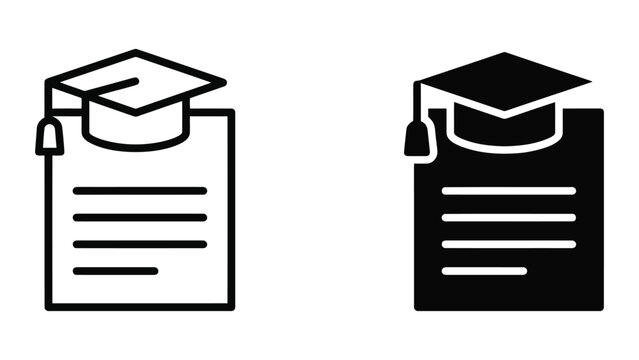 Graduation cap on top of a document page icon representing academic records and certification in clean minimalist flat vector icon style for educational platforms