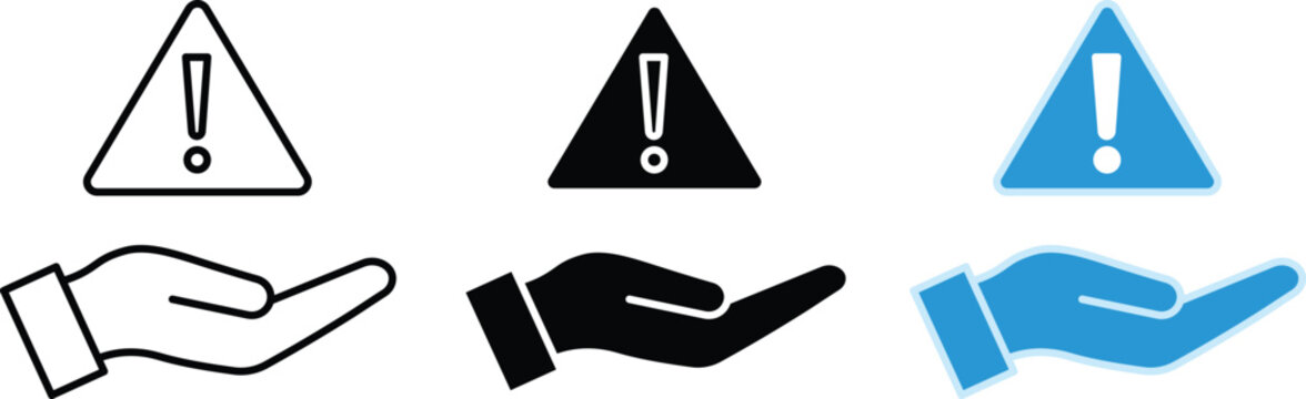 Warning signs with open palms in black white and blue triangle exclamation hand