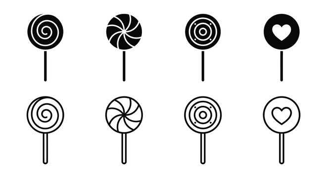 Assorted Lollipops Black Line Icons On White Background