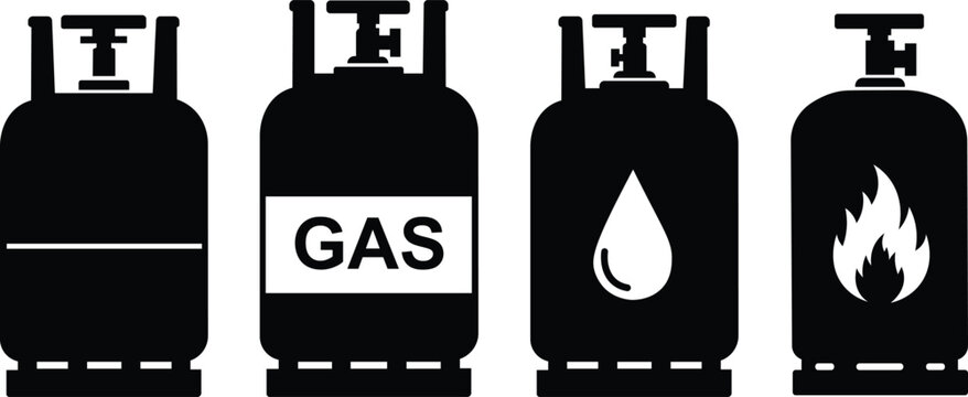 Black-and-white gas cylinders with propane, water, and flame symbols gascylinders blackandwhite