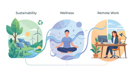 Obraz premium Modern business lifestyle vector, sustainability wellness and remote work concepts, corporate social responsibility and mental health illustration