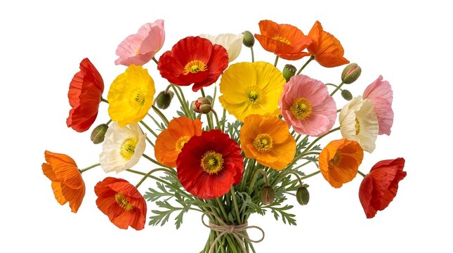 Brightly colored poppies bouquet with green stems tied with twine on a white background.