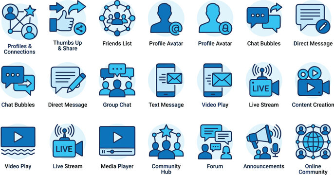 Social Media and Community Engagement Icons Featuring Messaging, Live Streaming, Content Creation, Forums and Online Networking