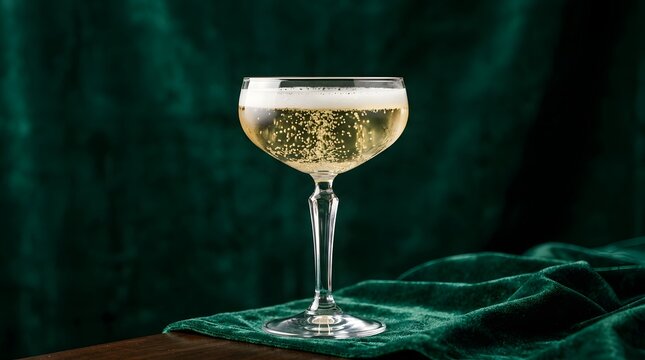 Champagne coupe glass filled with bubbly golden liquid on green velvet surface.