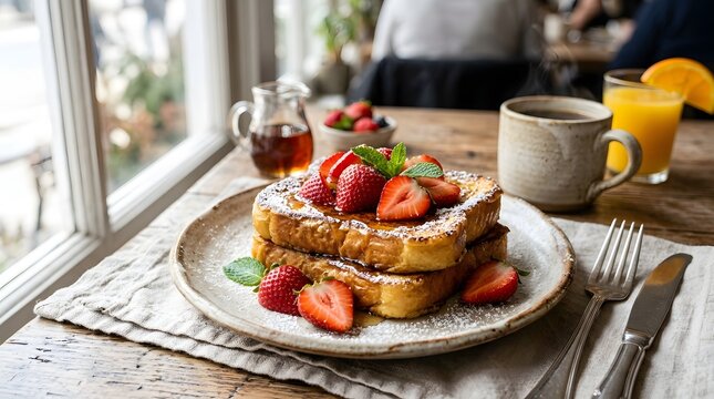 Stack of french toast with strawberries and syrup, breakfast meal, cafe setting.