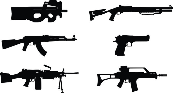 Modern Military Firearms Silhouette Set with Assault Rifle Shotgun Submachine Gun Sniper Light Machine Gun and Pistol Vector IllustrationModern Military Firearms Silhouette Set with Assault Rifle Shot