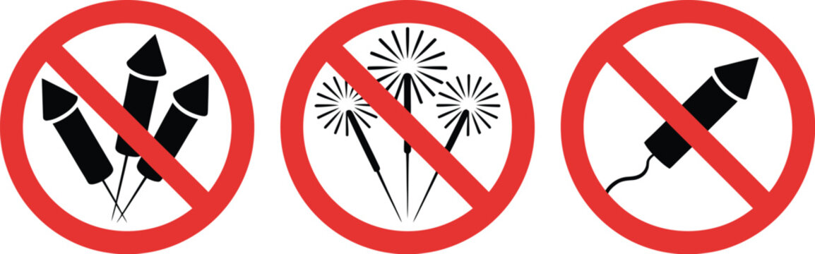 Fireworks icon set, prohibition symbol on firecracker and rocket, safety ban and explosion hazard warning concept, clean modern flat vector design elements for alerts and signage