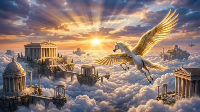 Mythical Pegasus Flying Over Ancient Greek City in the Clouds