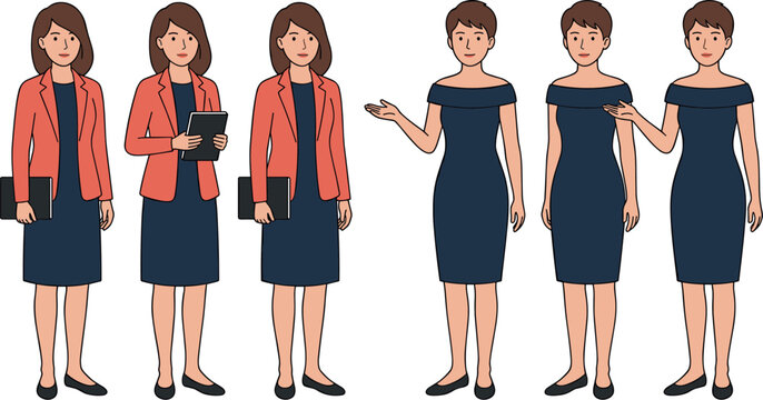Business Woman Character Set with Different Poses and Outfits for Corporate Presentations Website Design Explainer Videos and Human Resources Graphics Vector