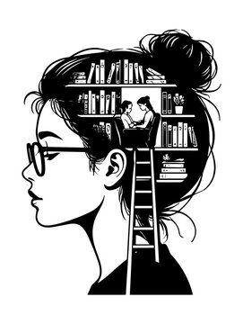 Woman silhouette features a surreal internal library interior where a person sits on a tall wooden ladder reading books with great interest.
