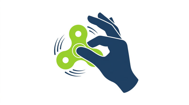 Close-up illustration of a hand holding a spinning green fidget spinner toy, conveying motion and focus against a clean white background