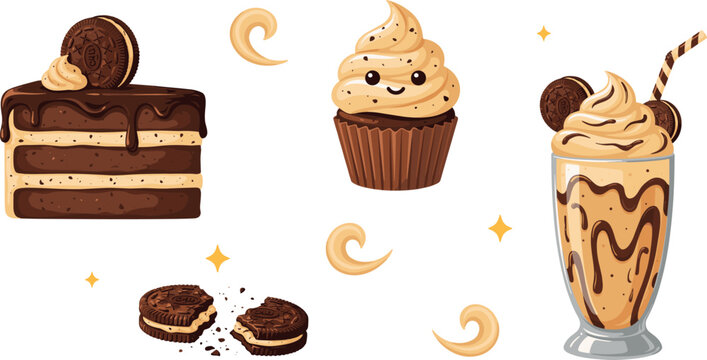 Cute Cookies and Cream Chocolate Cake Slice Cupcake and Milkshake Dessert Element Set Featuring Kawaii Sweet Pastry Vector Flat Illustration Graphics