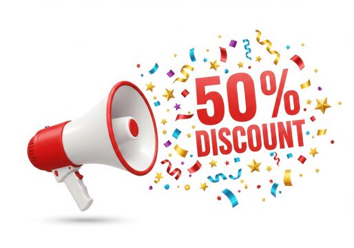 Megaphone announcing fifty percent discount with confetti