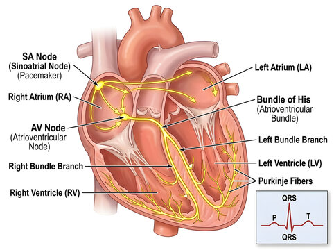 Human heart diagram showing electrical conduction system isolated on white background