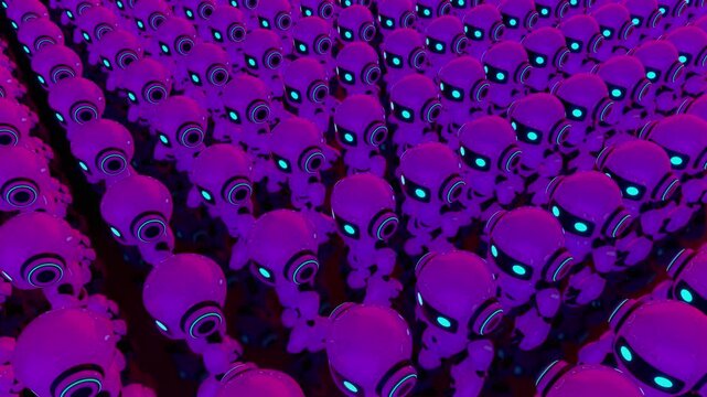 3d loop animation of a cute futuristic robot army walking together in rows. Concept of mass automation, identical artificial intelligence characters, and advanced technology workforce in a sci-fi worl