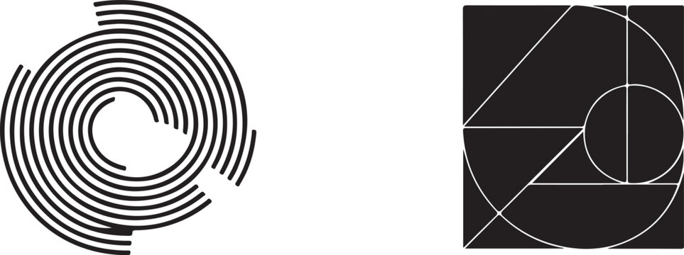 Abstract geometric spiral and Fibonacci sequence inspired in black and white