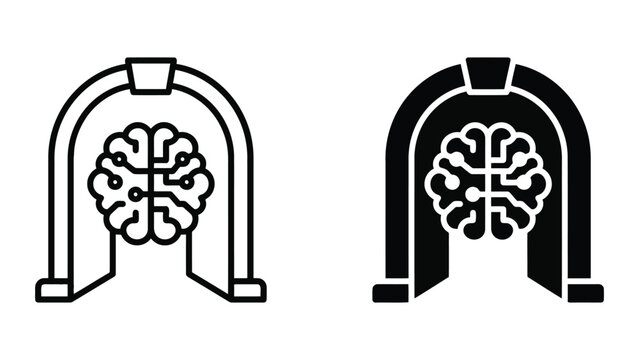 Artificial intelligence brain icon inside a circuit board archway representing machine learning and advanced cognitive computing technology in high quality vector graphic illustration design set