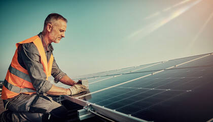 Fototapeta premium Solar Electrician Working on Rooftop Panel Array
