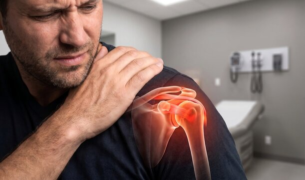 Man suffering from shoulder pain with holographic joint anatomy overlay. Male patient holding injured painful shoulder, medical clinic diagnostics for rotator cuff tear or arthritis