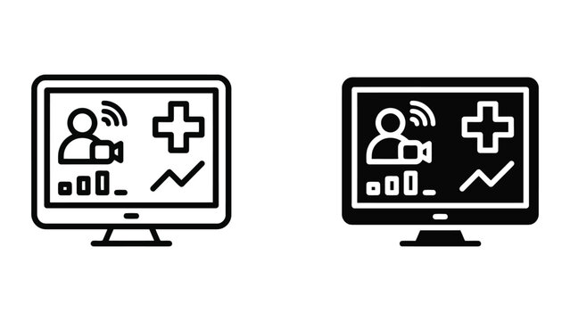 Telemedicine consultation interface icon on computer screen with video call user and medical cross symbol for digital health technology and remote patient monitoring software platforms and systems