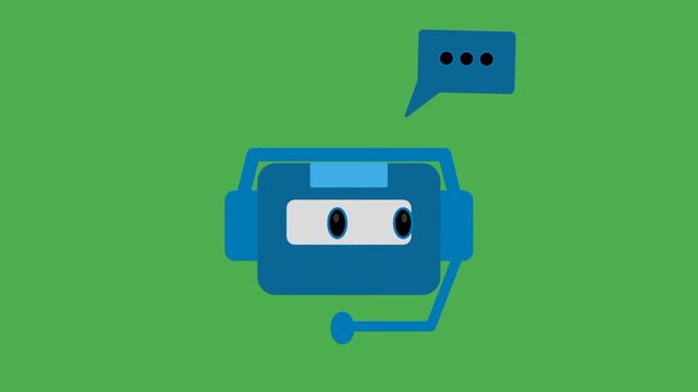 Chat bot icon featuring robot head, and speech bubble. Simple symbol representing automated messaging and digital interaction.