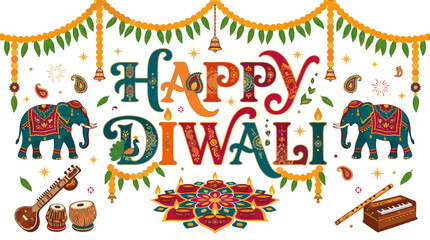 Fototapeta premium Vibrant happy diwali celebration graphic with colorful elephants and musical instruments