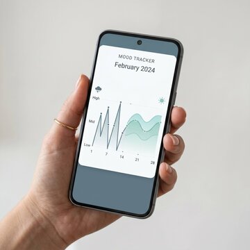 High end illustration of hand holding smartphone with mood tracker graph changing from sharp peaks into calm waves