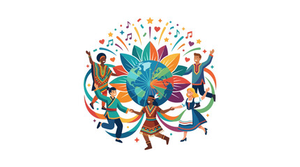 Diverse multicultural people dancing around the globe celebrating international unity and peace