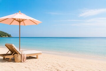 Fototapeta premium Minimal tropical beach backgrounds with crystal clear water, soft white sand and summer copy space for travel and vacation concepts.