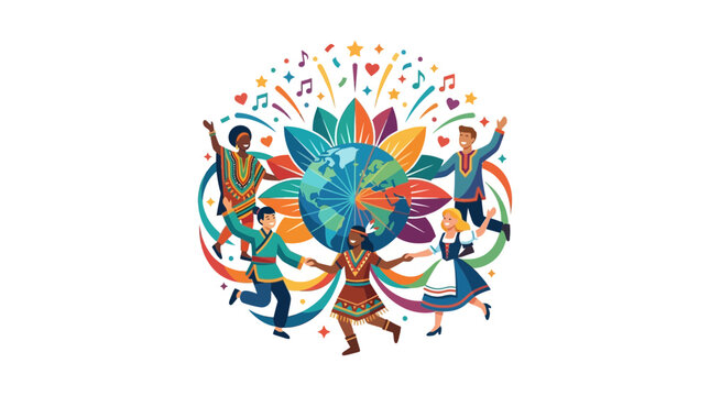 Diverse multicultural people dancing around the globe celebrating international unity and peace