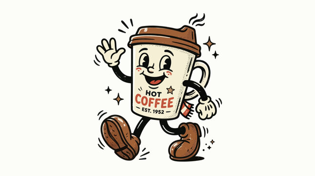 X&iacute;cara de caf&eacute; retr&ocirc; com personagem acenando