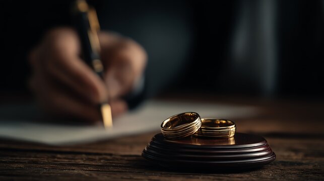 Engagement rings on wooden table with pen.