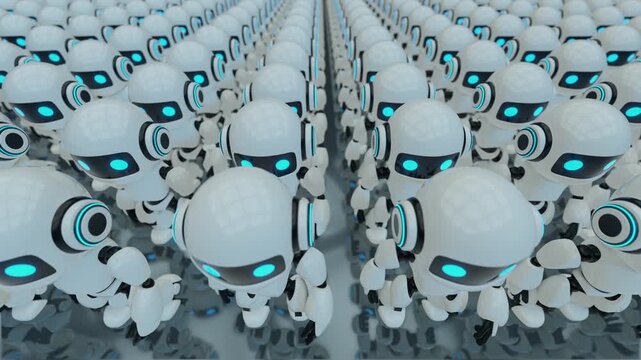 3d loop animation of a cute futuristic robot army walking together in rows. Concept of mass automation, identical artificial intelligence characters, and advanced technology workforce in a sci-fi worl